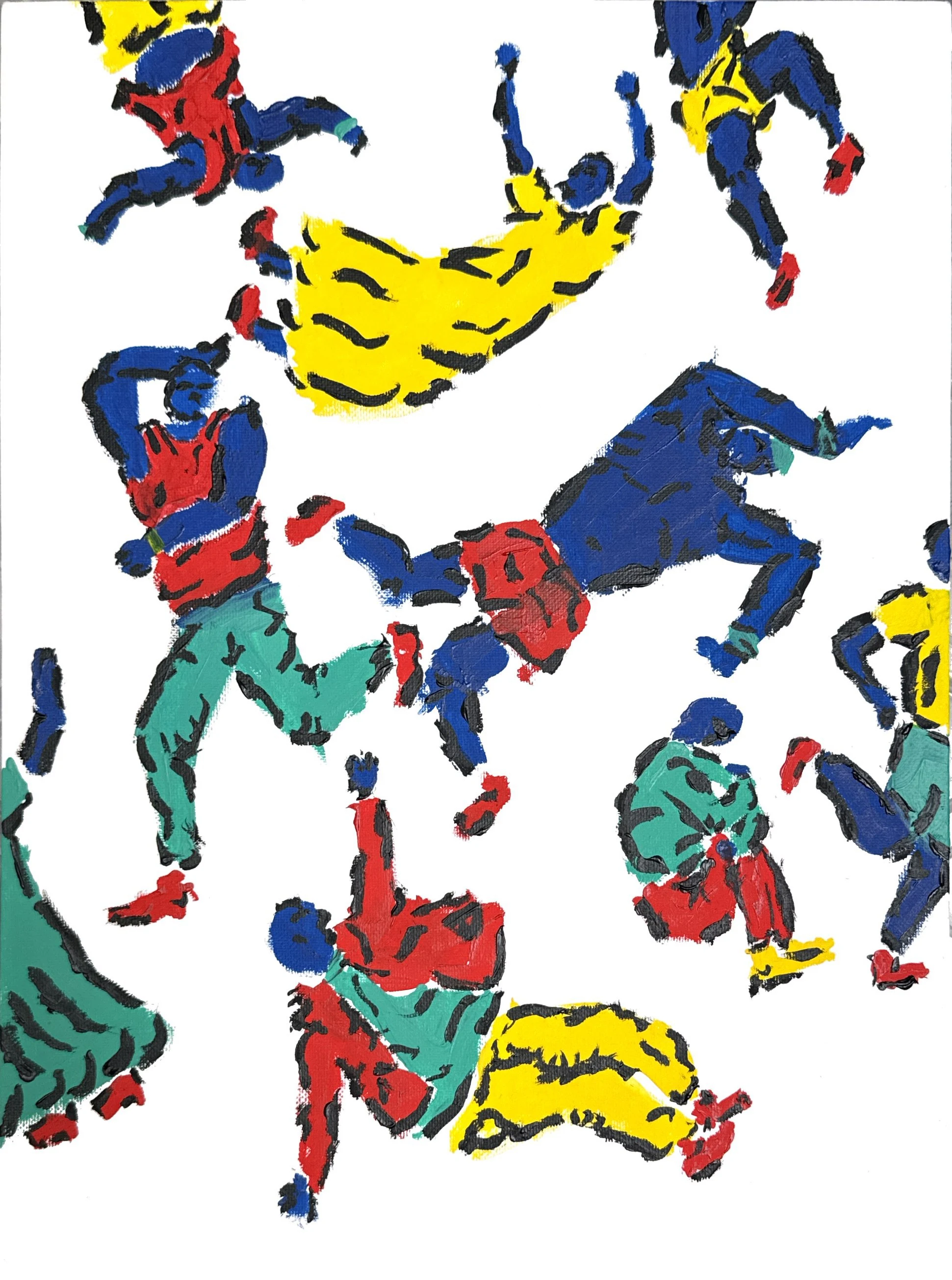 Acrylic painting of tumbling, dancing figures in blue, red, yellow and green on a white canvas