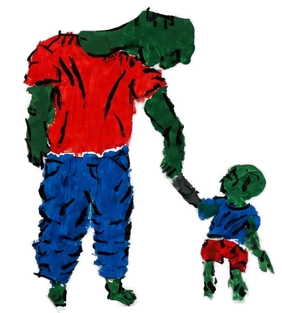 Painted figure in a red shirt holding hands with a small child