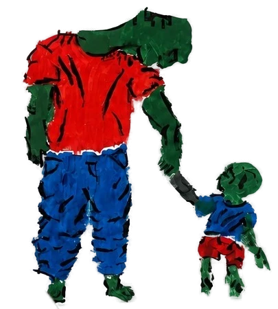 Painted figure in a red shirt holding hands with a small child