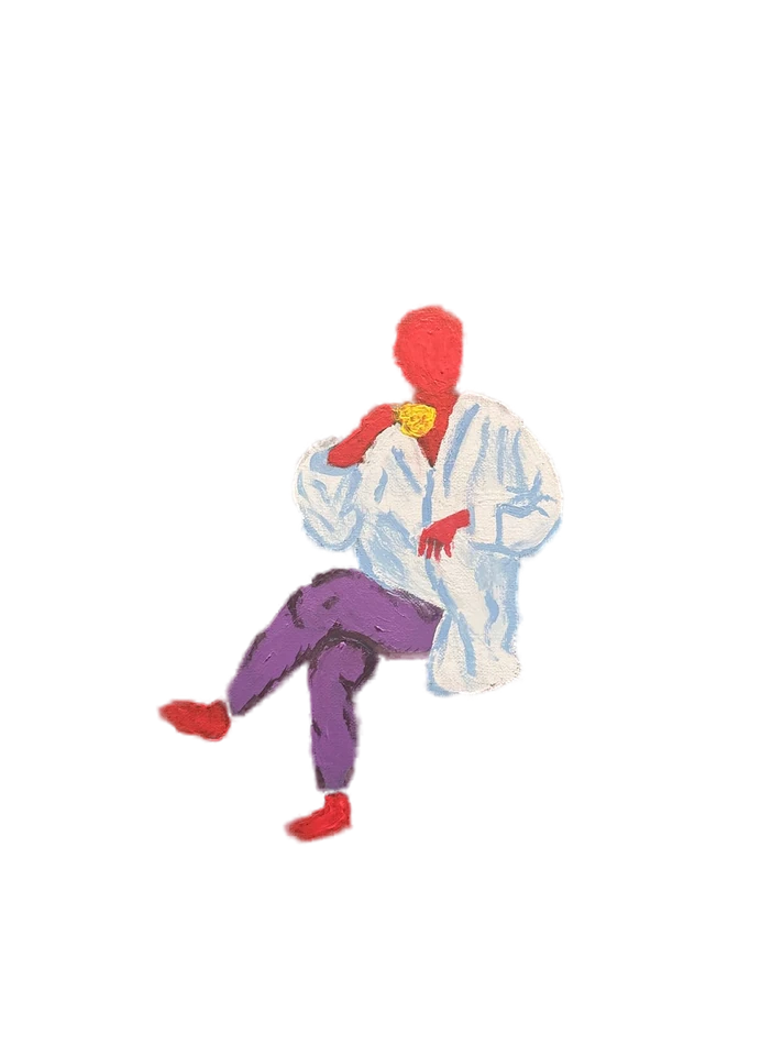 Painted figure in a white shirt and purple pants, mid-step