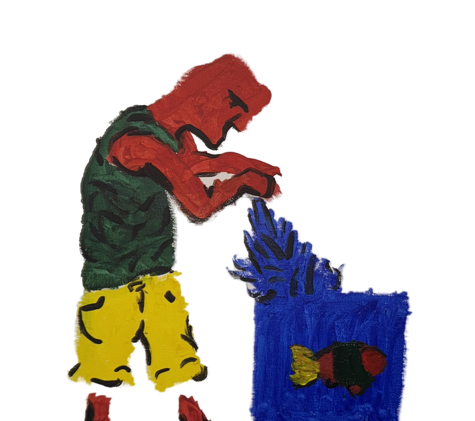 Painted figure feeding a fish in a blue tank