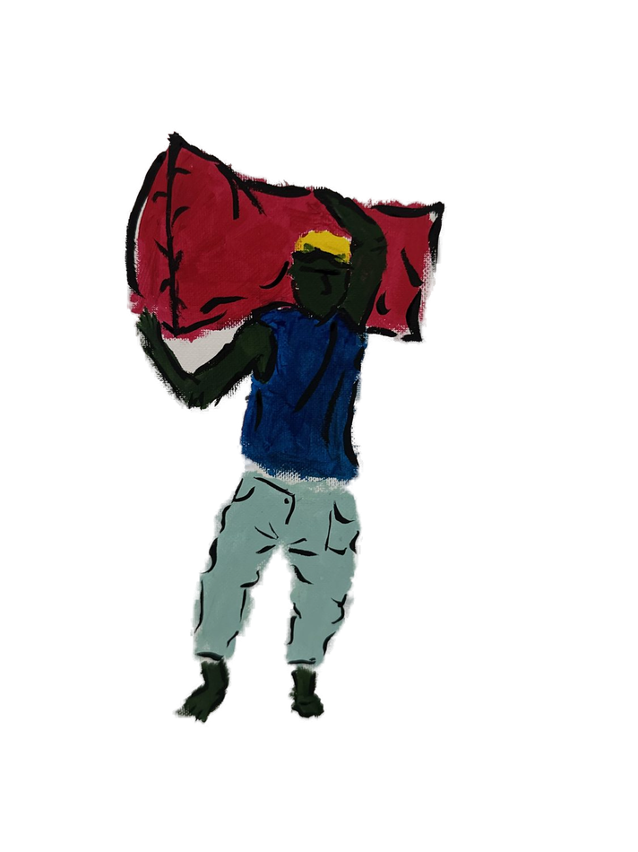 Painted figure carrying a large red bundle over one shoulder