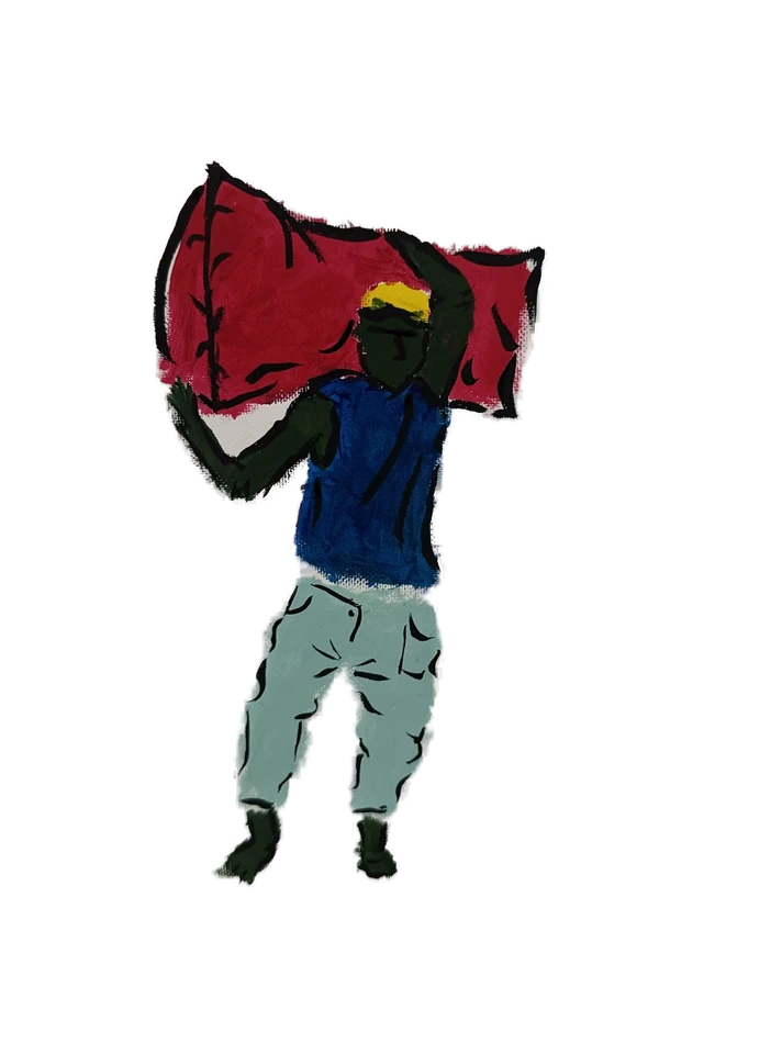 Painted figure carrying a large red bundle over one shoulder