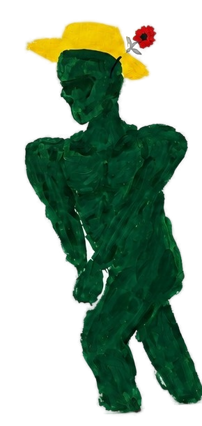 Painted green figure in a yellow hat holding flowers