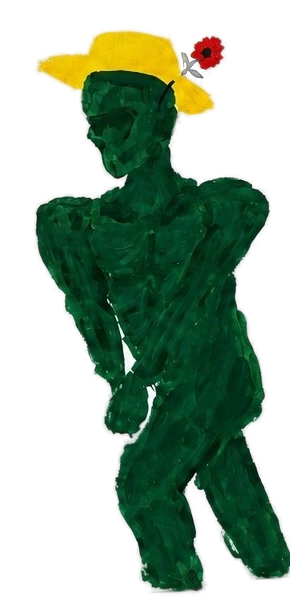 Painted green figure in a yellow hat holding flowers