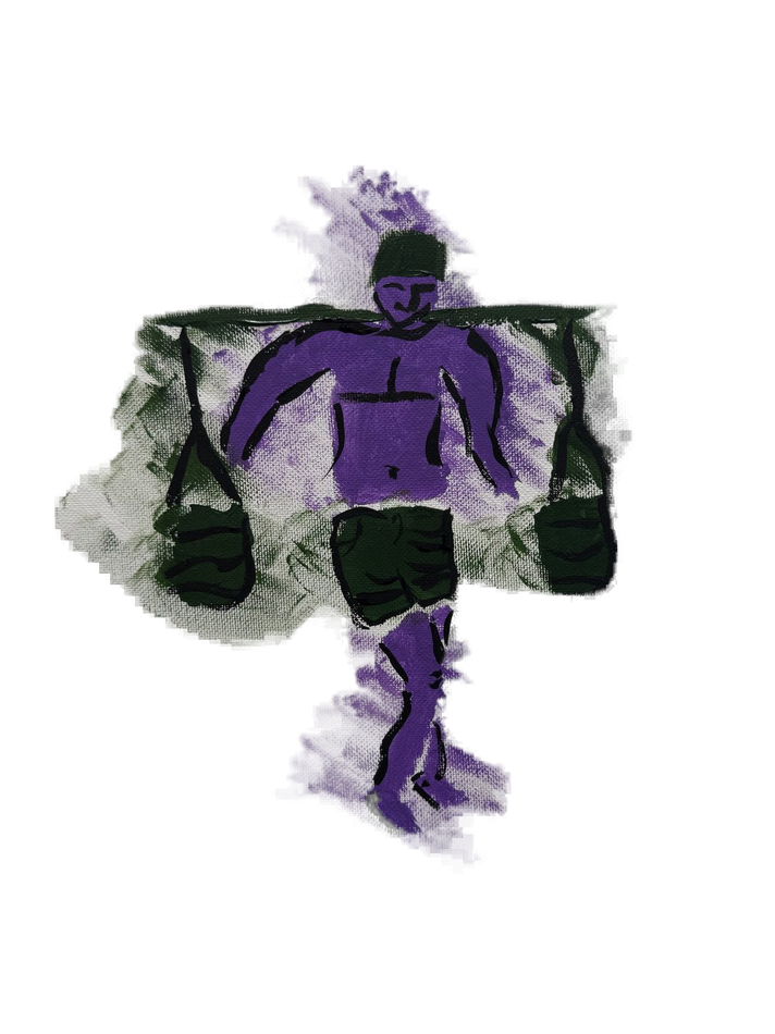 Painted purple figure carrying weights on a shoulder bar