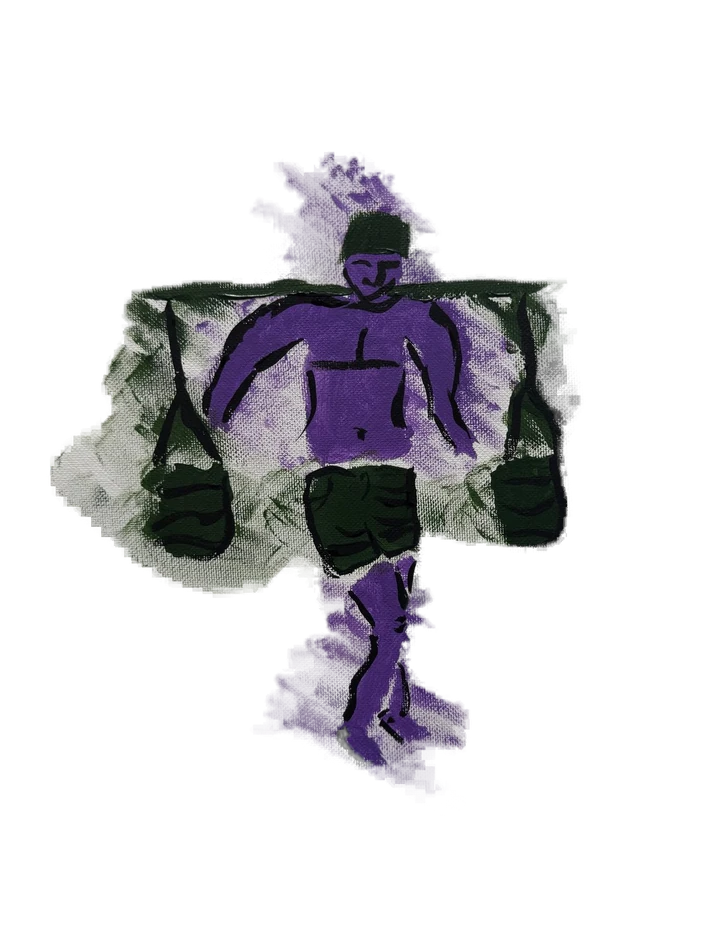 Painted purple figure carrying weights on a shoulder bar